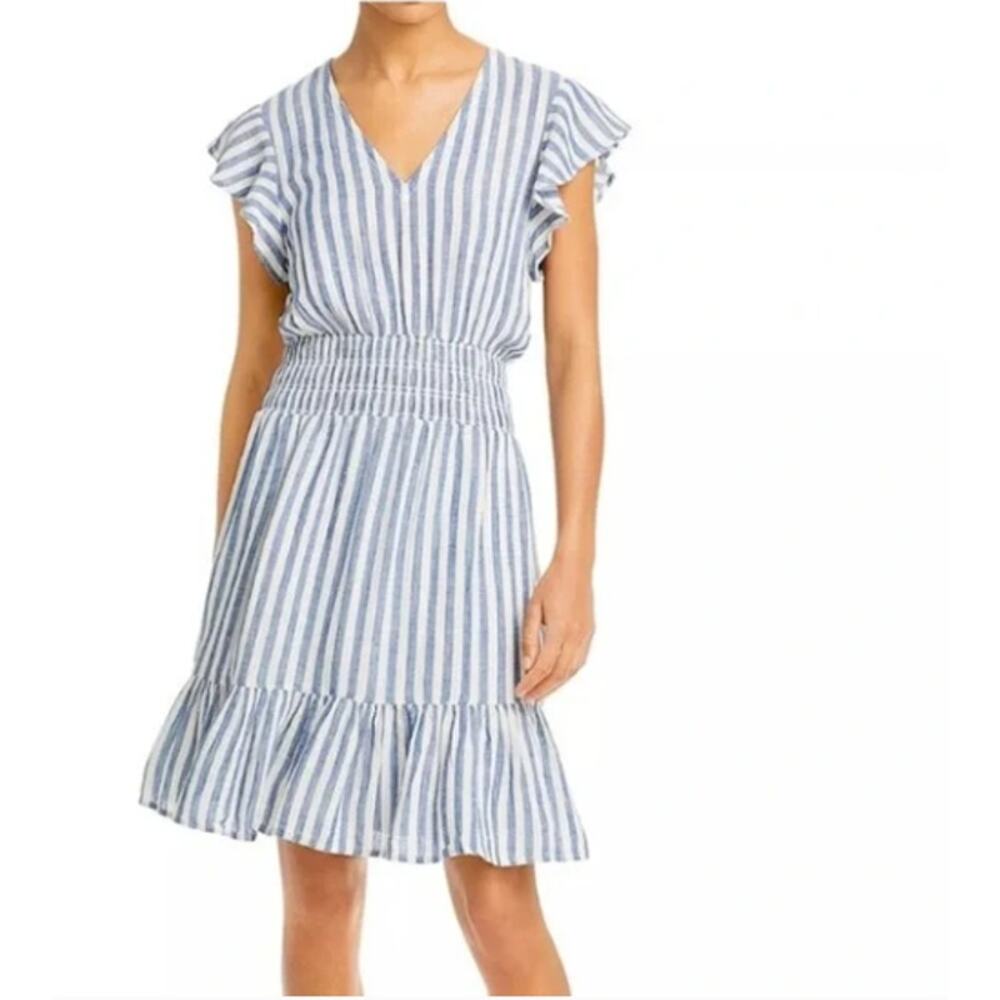 Rails Tara Blue Catalina L Dress Blue White Striped Flutter Sleeve Ruffle Rayon